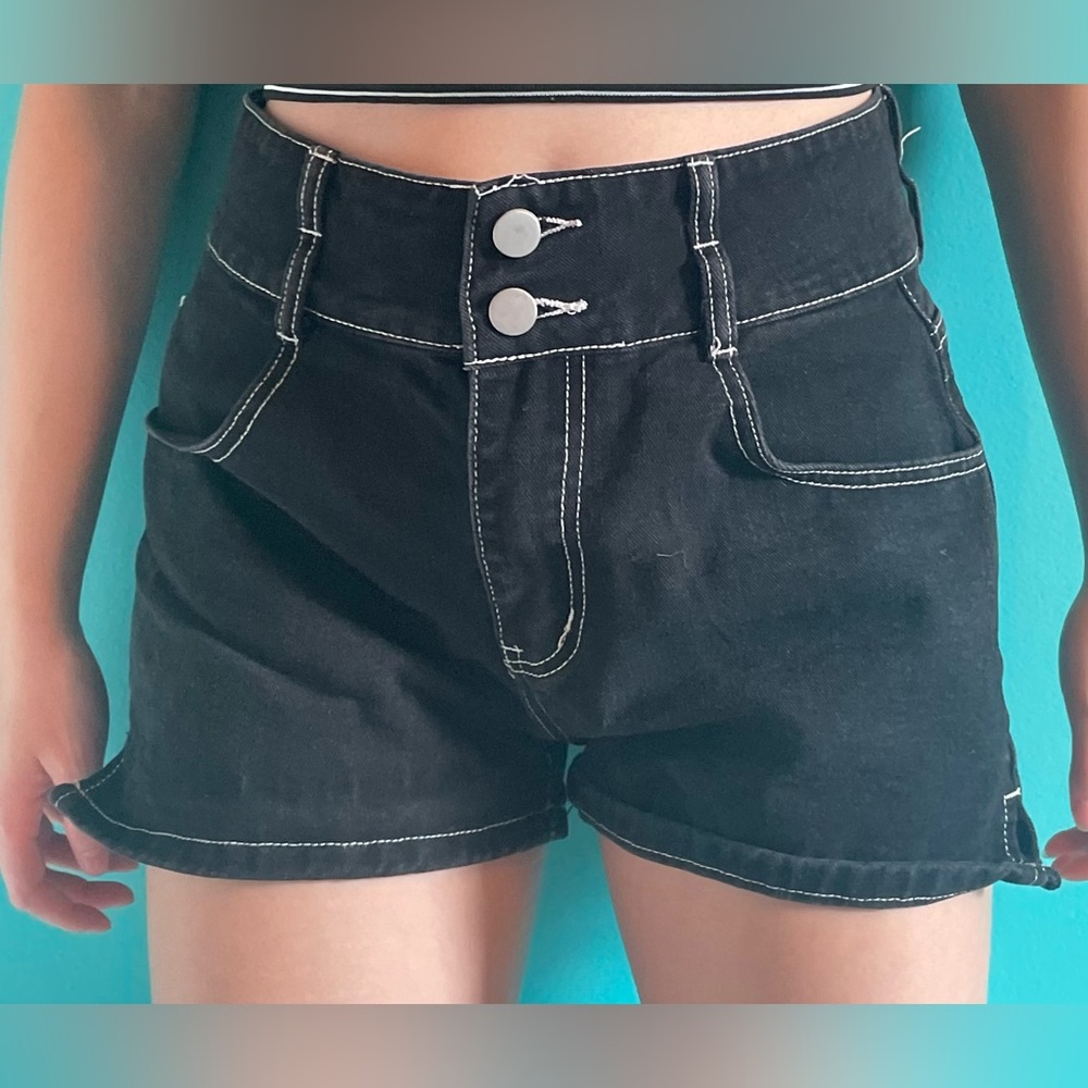 Black Jeans Shorts w/ White Embroidered Around the Edges